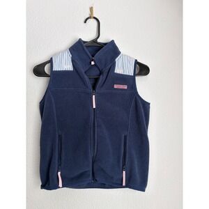 Vineyard Vines Girls Fleece Vest Navy Blue Seersucker Whale S 7-8